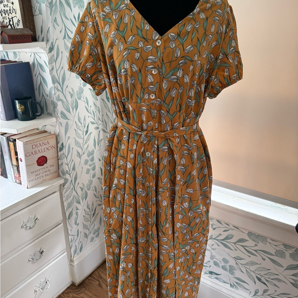 Modcloth Mustard Floral Midi Dress with Tie Waist